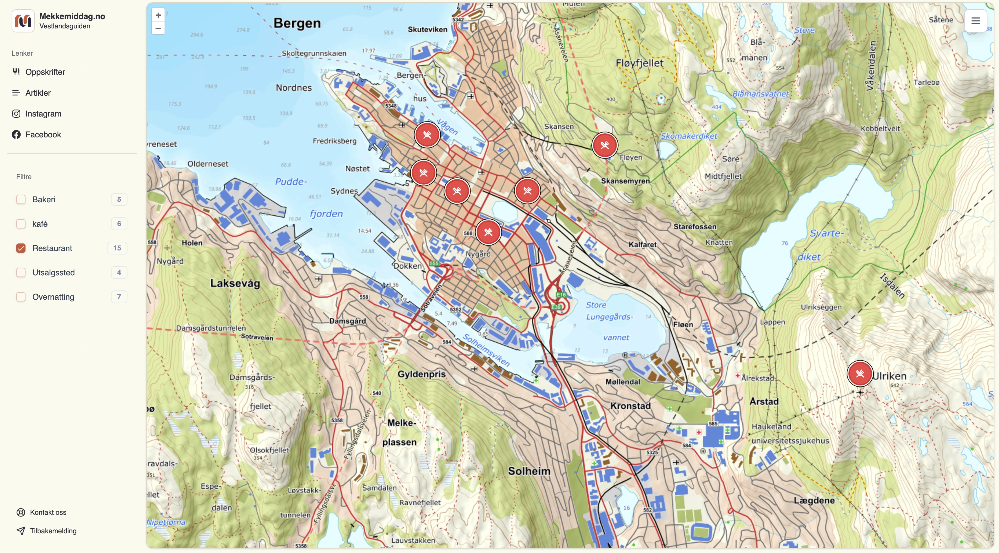 Kart over anbefalte steder i Vestland fylke